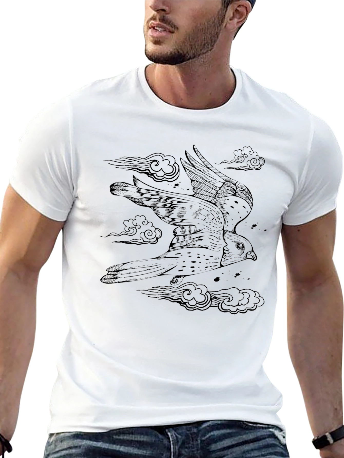 Mens Black Tee with Falcon Graphic Print