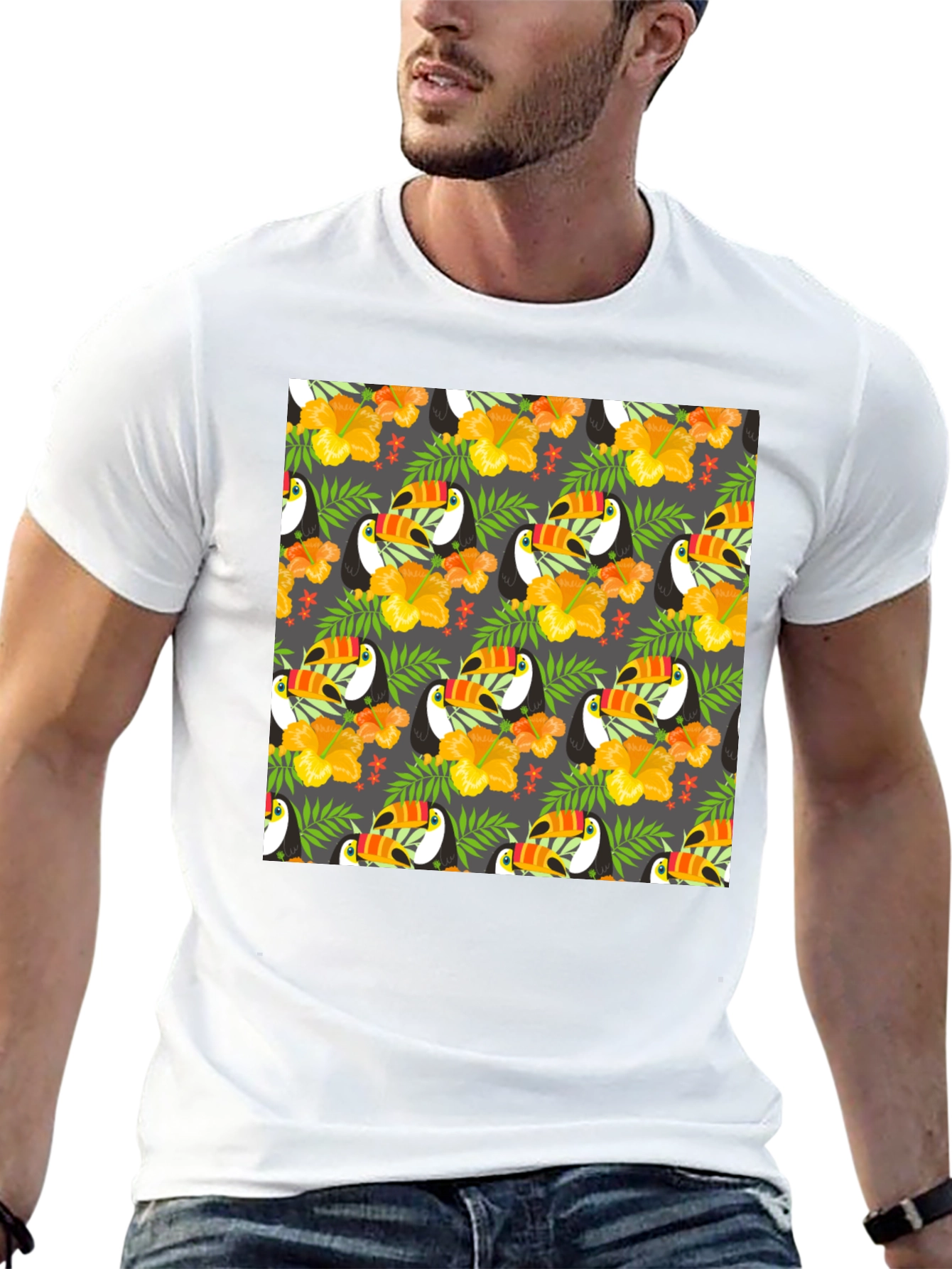 Tropical Toucan Print Crew Neck Tee