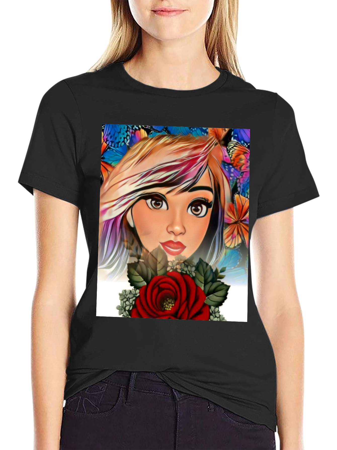 Artistic Floral Girl Graphic Print Tee