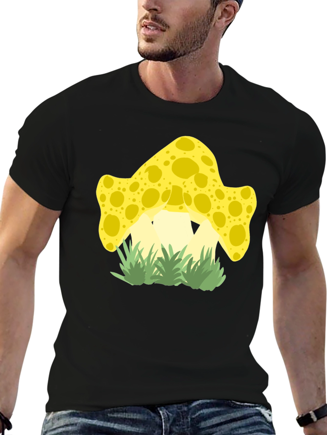 Funky Mushroom Graphic Tee - Black Cotton Shirt