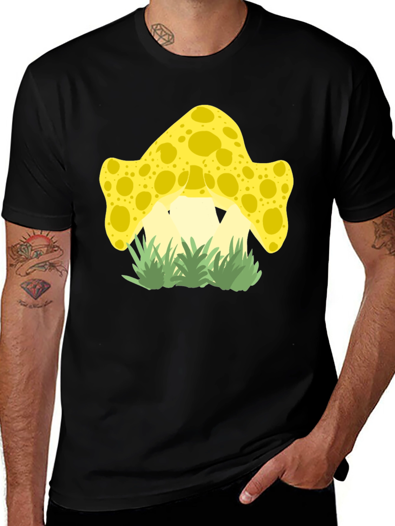 Funky Mushroom Graphic Tee - Black Cotton Shirt