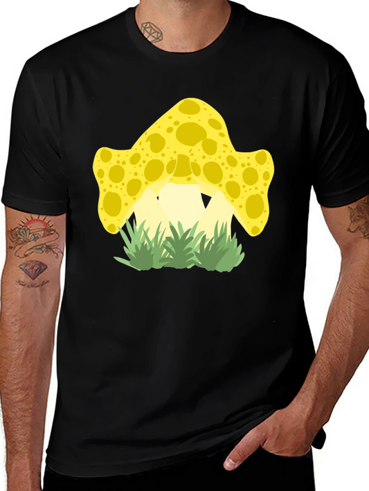 Funky Mushroom Graphic Tee - Black Cotton Shirt