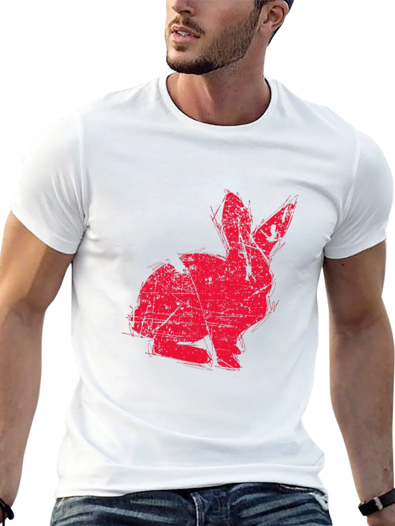 Red Rabbit Graphic Print Black T-shirt