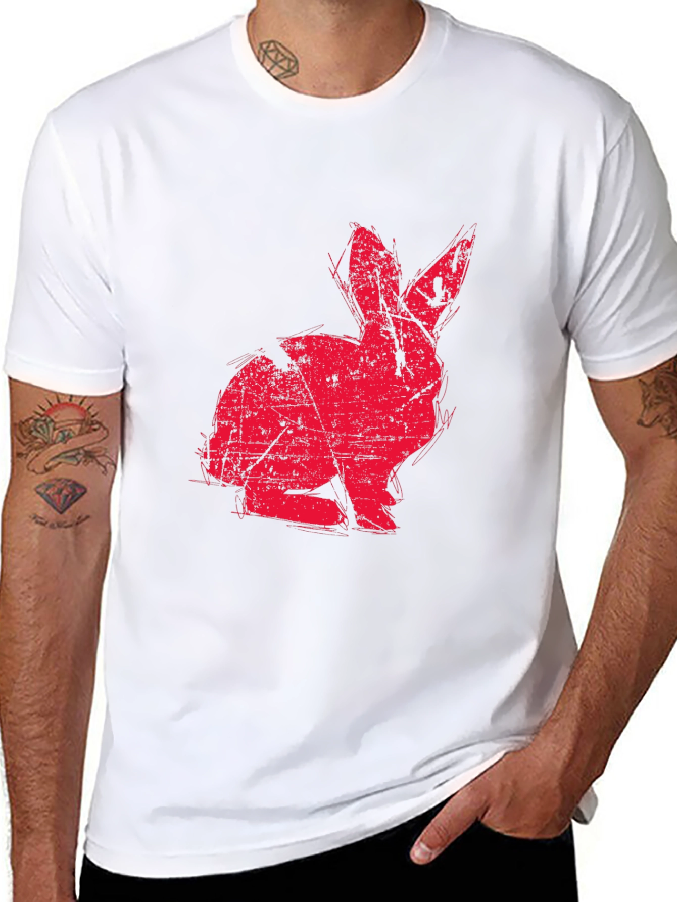 Red Rabbit Graphic Print Black T-shirt