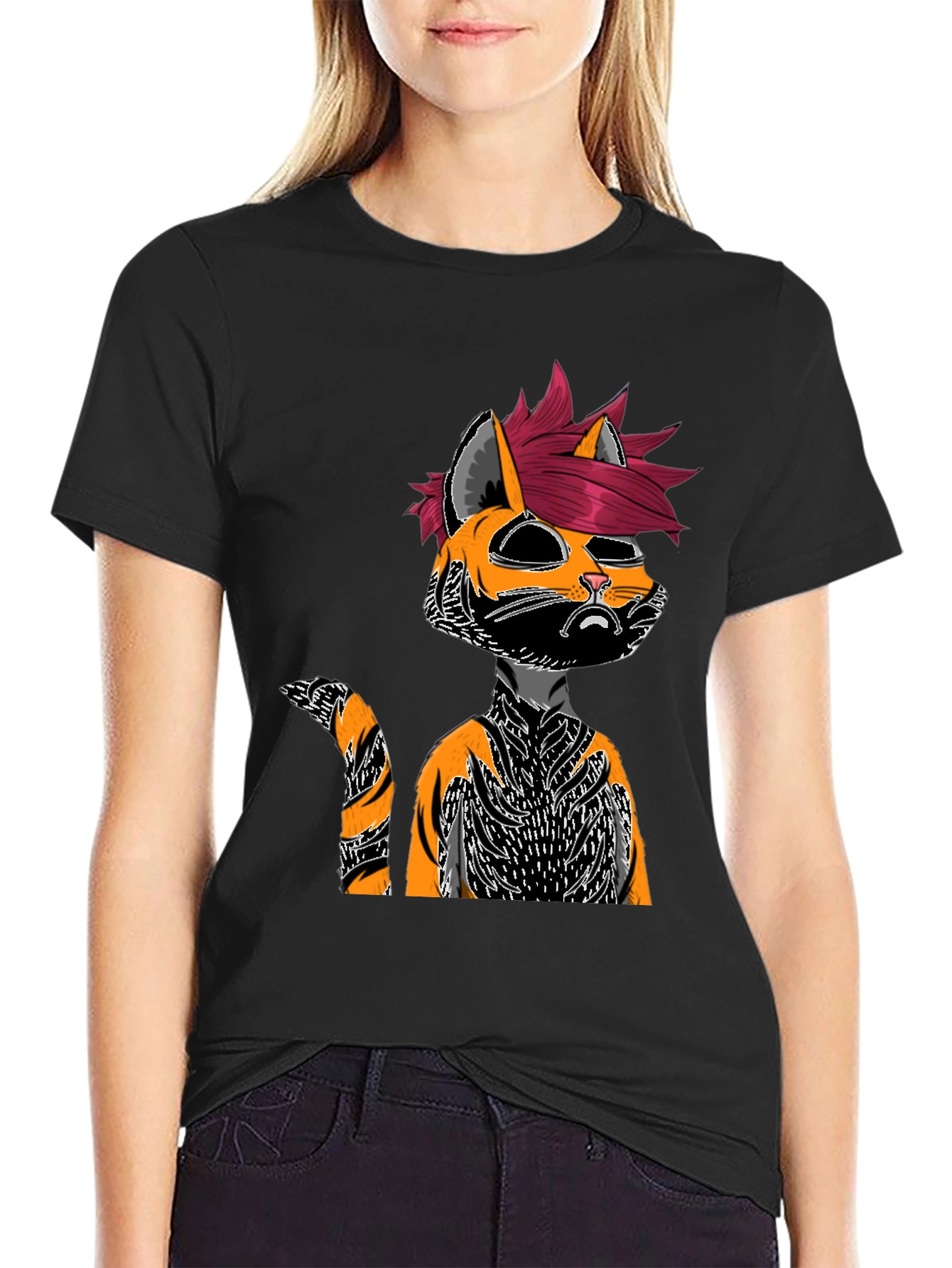 Edgy Cat Graphic Tee - Black Cotton Shirt