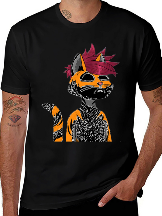 Edgy Cat Graphic Tee - Black Cotton Shirt
