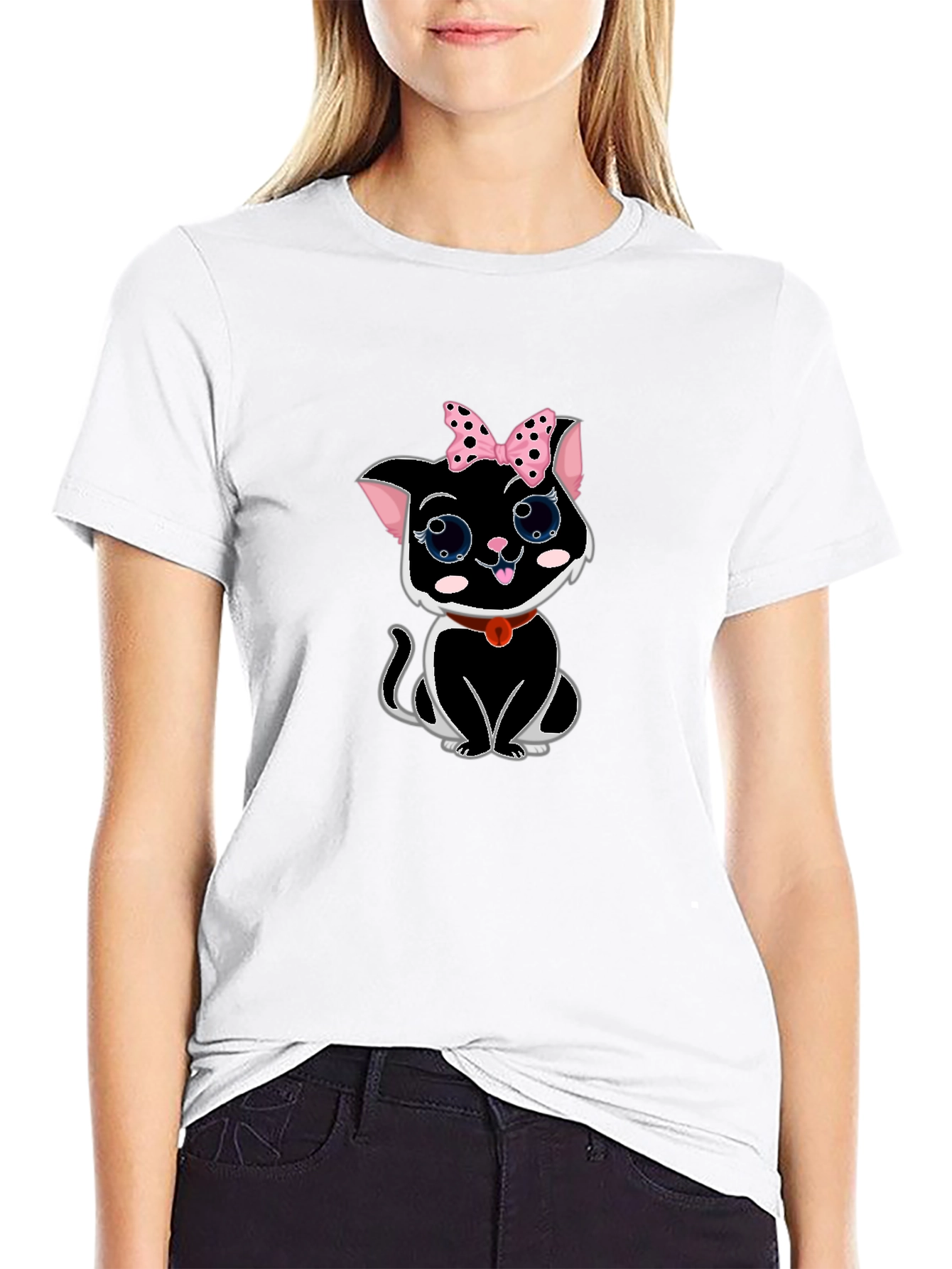 Cute Cat T-Shirt -  Pink Bow & Big Eyes