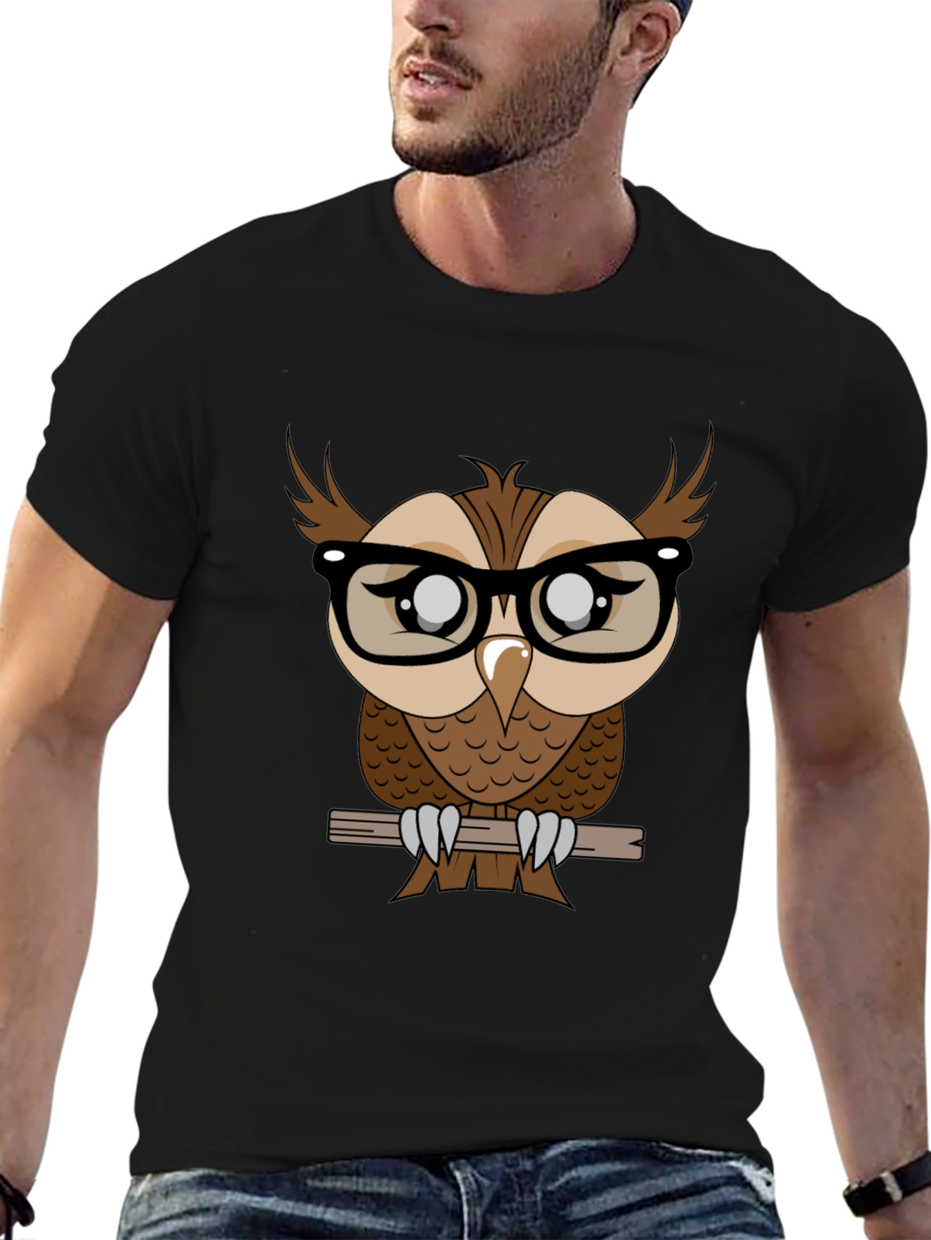 Owl with Glasses Graphic Tee - Black Cotton T-Shirt