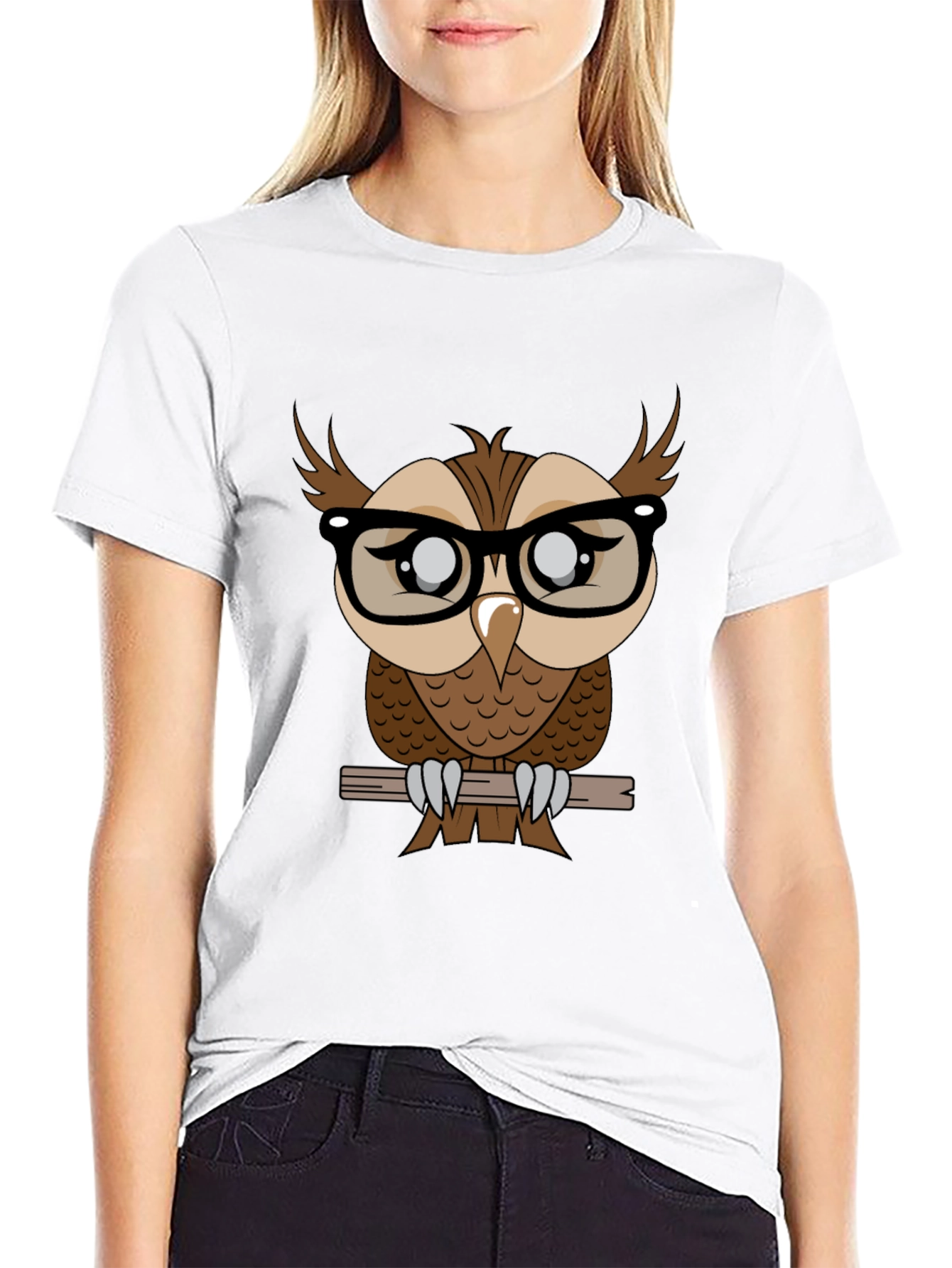 Owl with Glasses Graphic Tee - Black Cotton T-Shirt