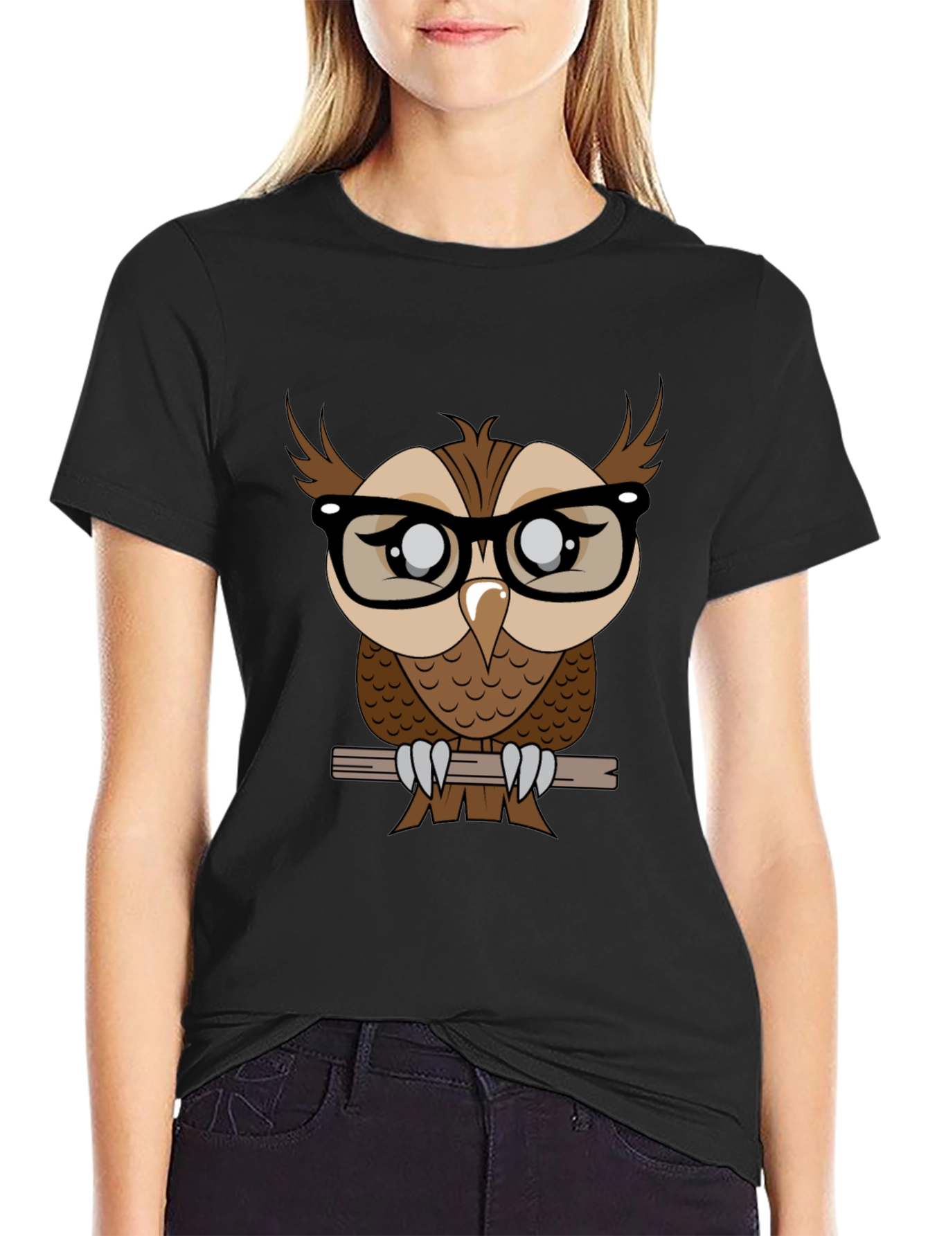 Owl with Glasses Graphic Tee - Black Cotton T-Shirt