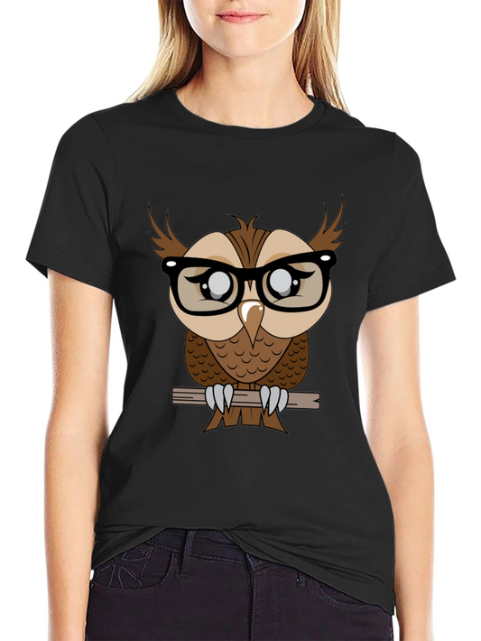 Owl with Glasses Graphic Tee - Black Cotton T-Shirt