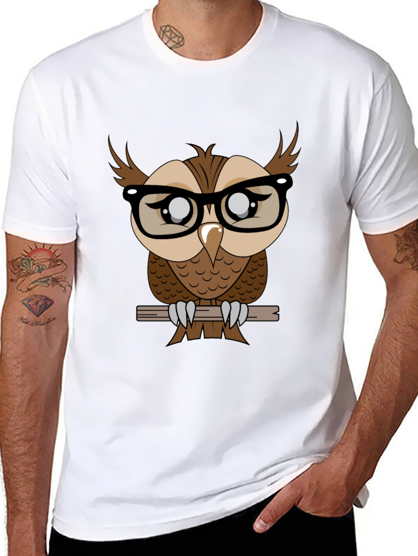 Owl with Glasses Graphic Tee - Black Cotton T-Shirt
