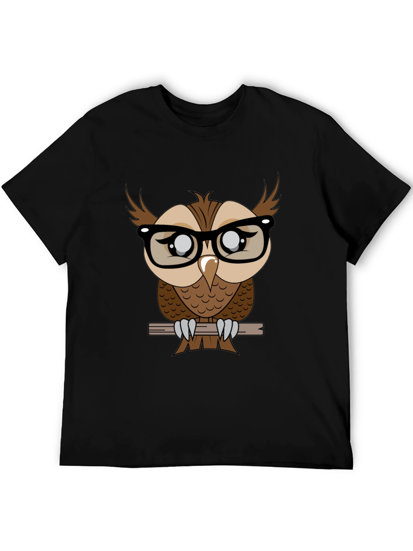 Owl with Glasses Graphic Tee - Black Cotton T-Shirt