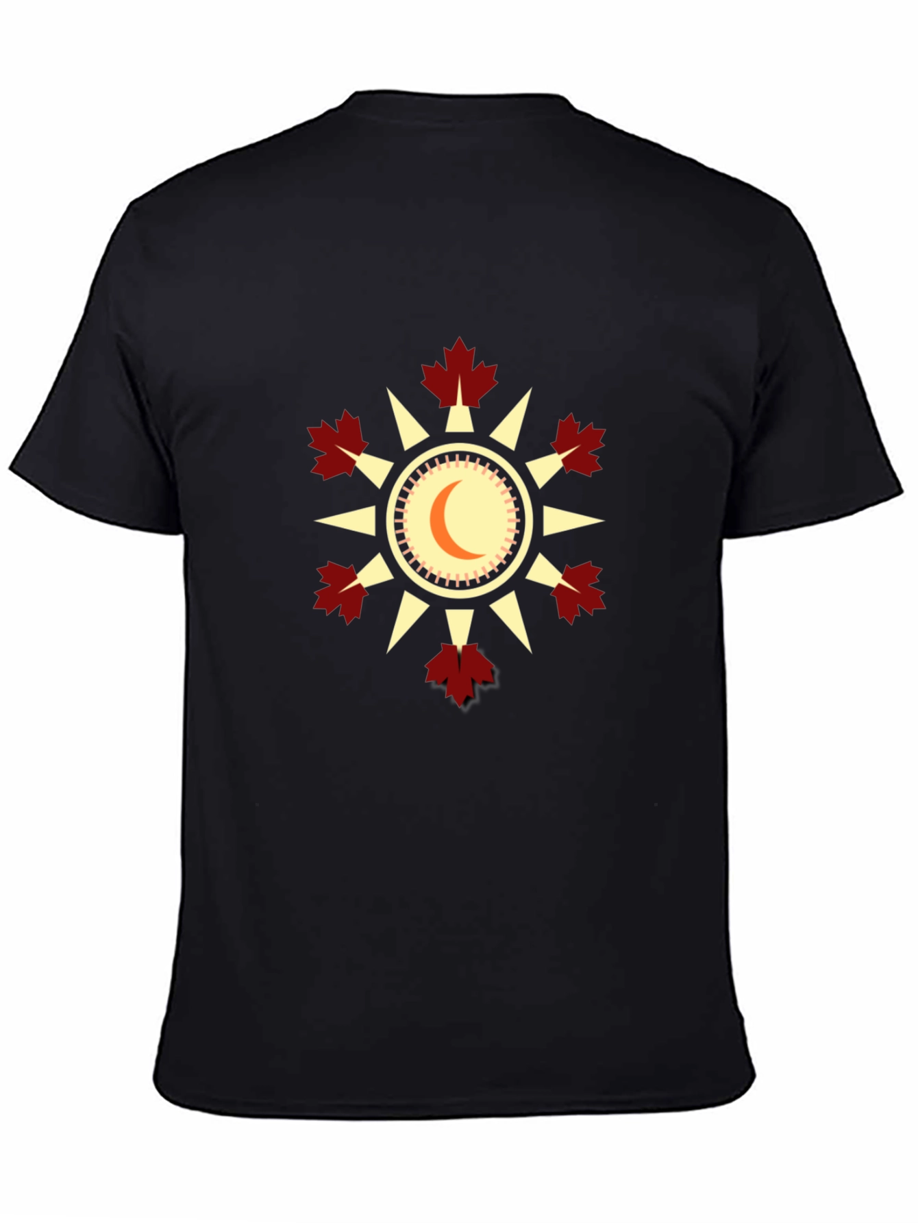 Unique Black T-Shirt with Sun & Maple Leaf Design