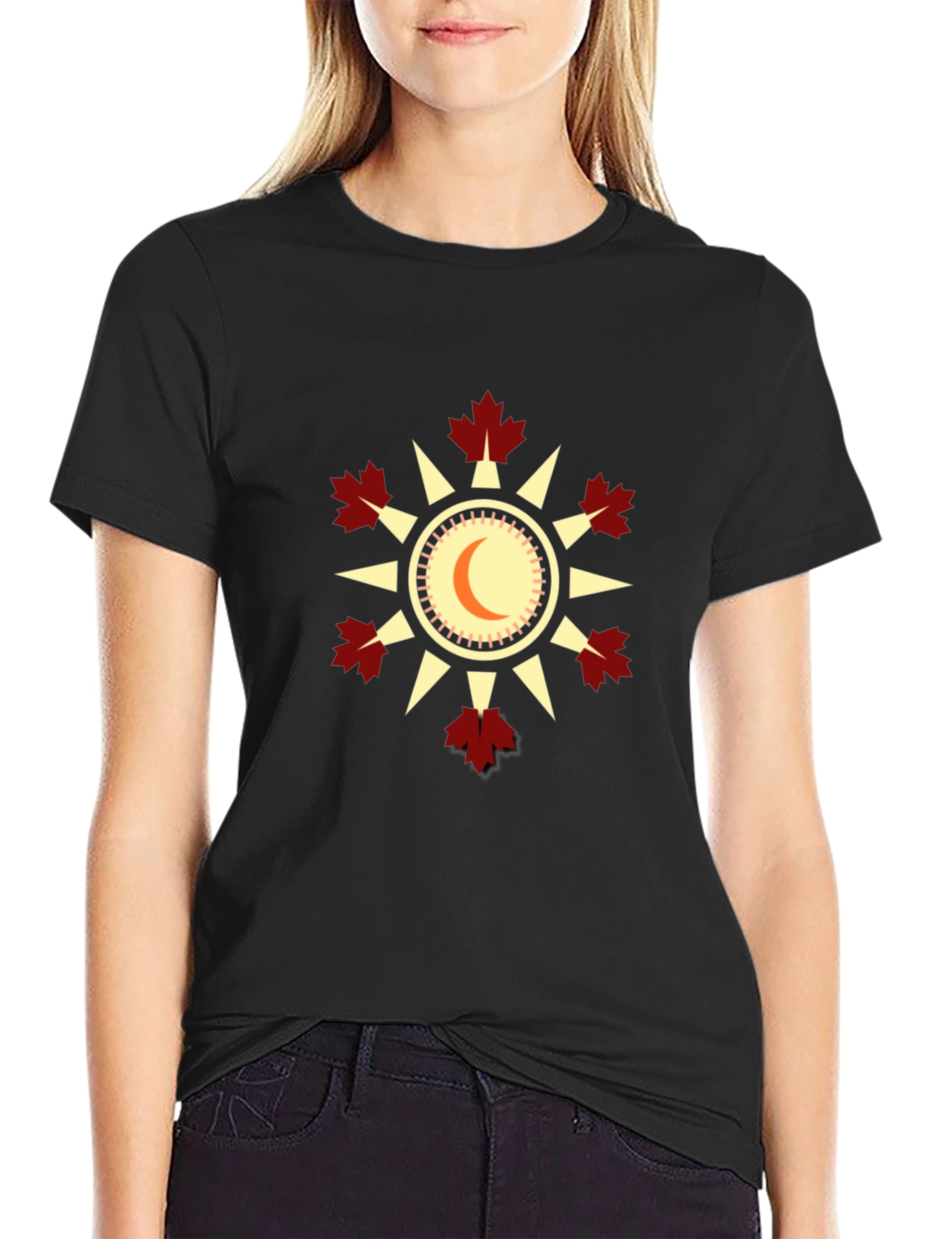 Unique Black T-Shirt with Sun & Maple Leaf Design