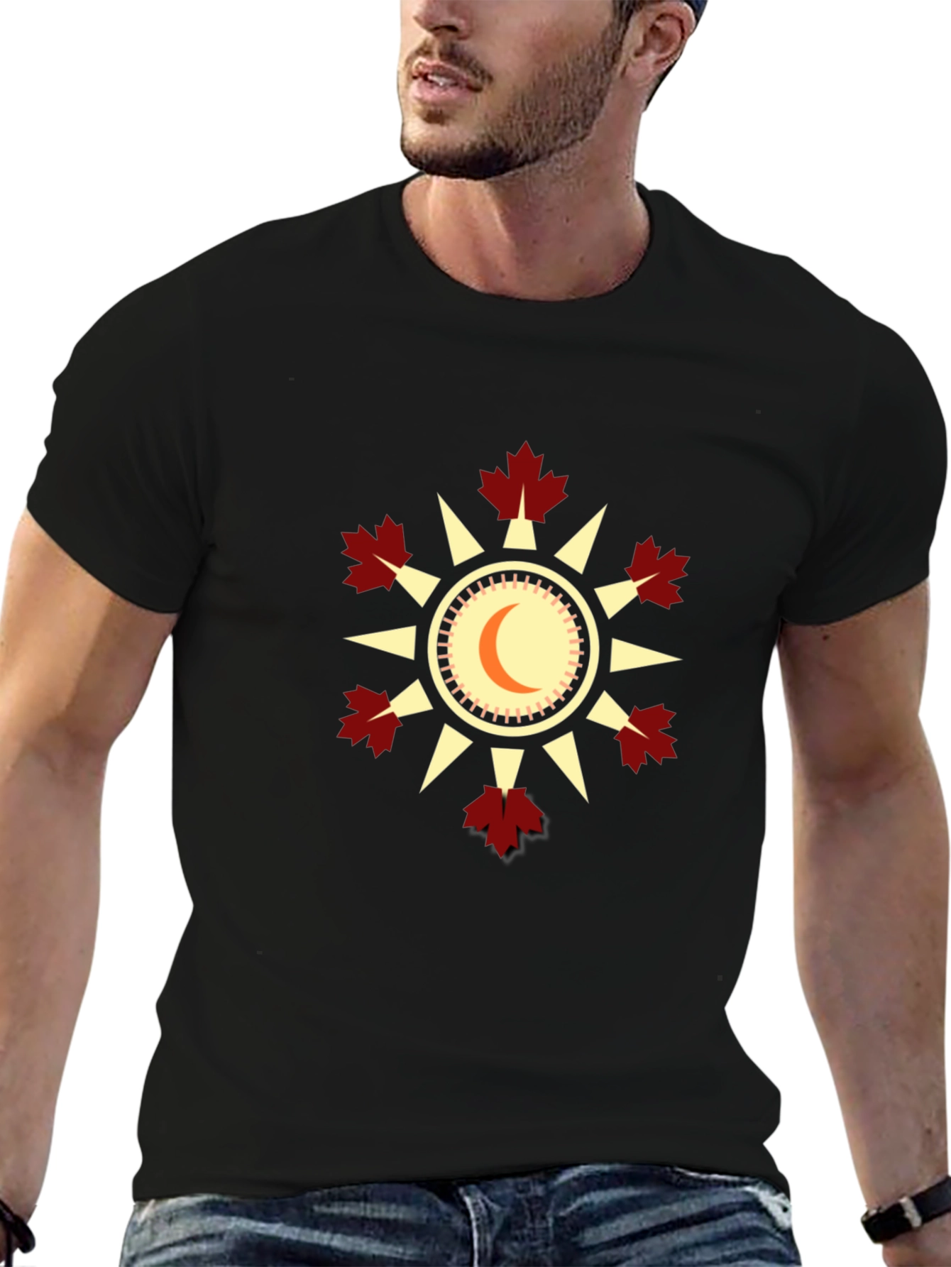 Unique Black T-Shirt with Sun & Maple Leaf Design