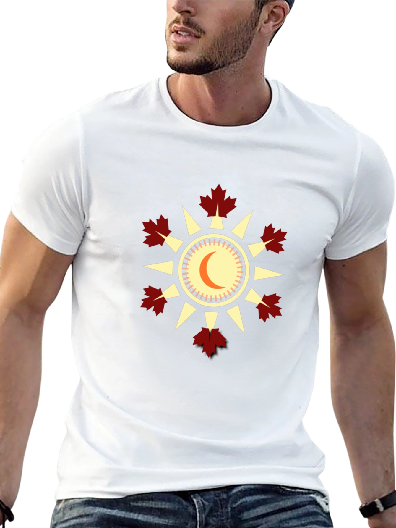 Unique Black T-Shirt with Sun & Maple Leaf Design