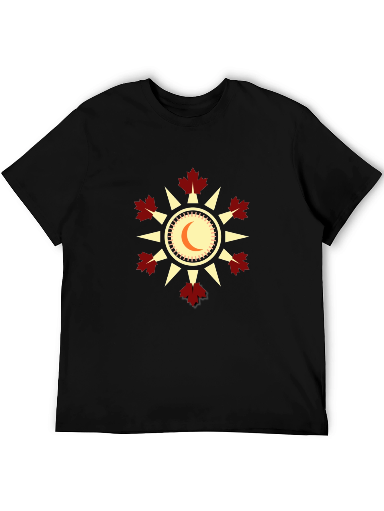 Unique Black T-Shirt with Sun & Maple Leaf Design