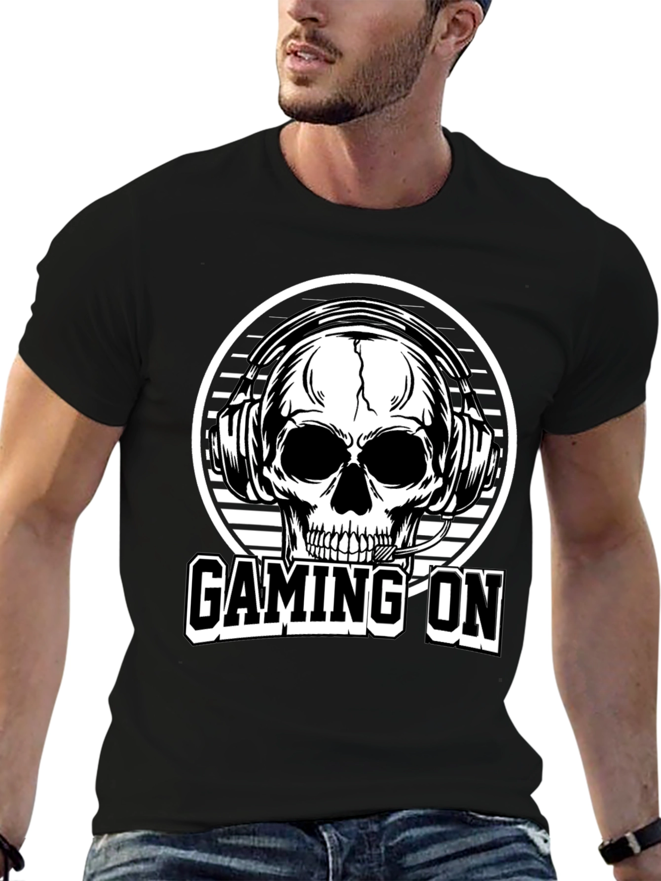 Gaming On Skull Graphic Tee - Black Cotton T-Shirt