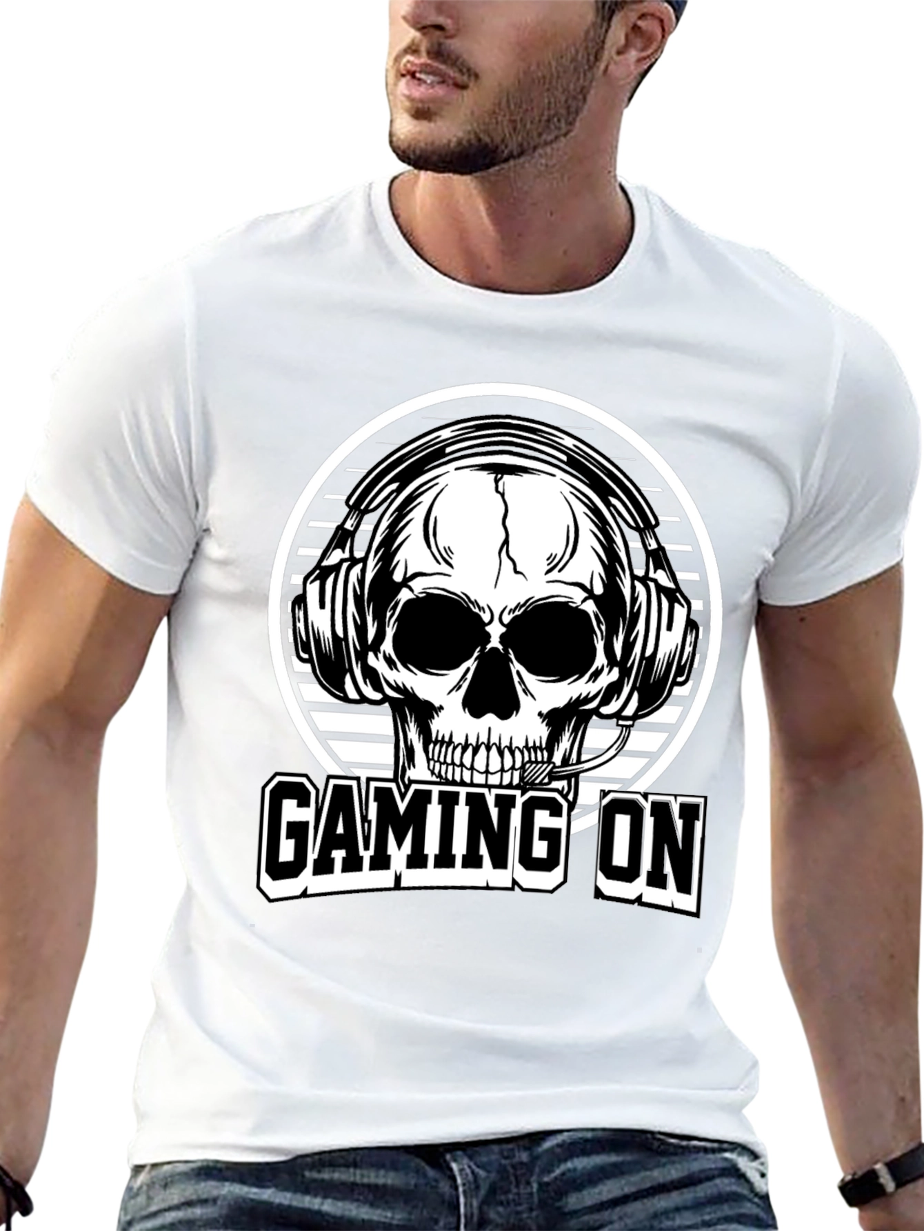 Gaming On Skull Graphic Tee - Black Cotton T-Shirt