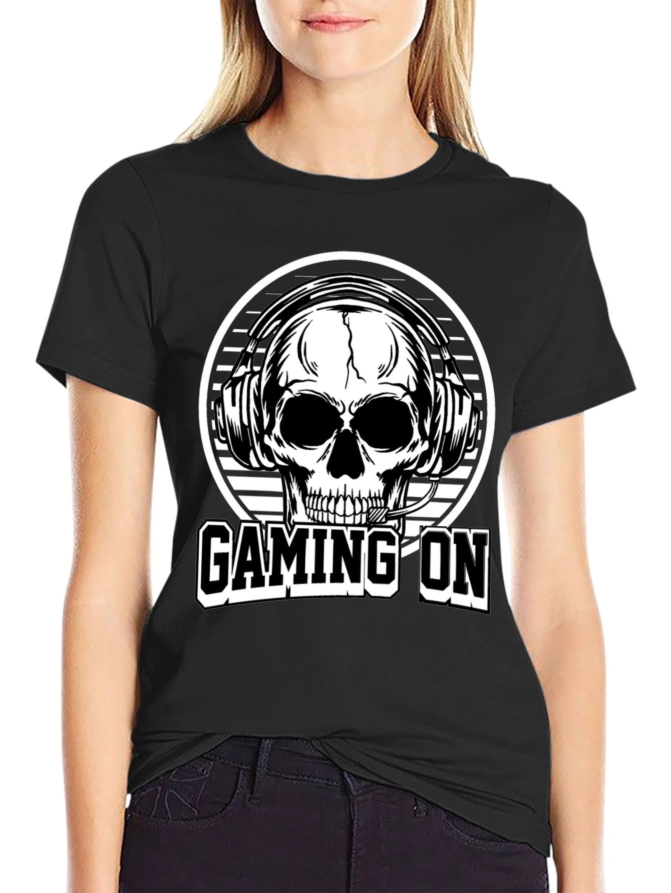 Gaming On Skull Graphic Tee - Black Cotton T-Shirt