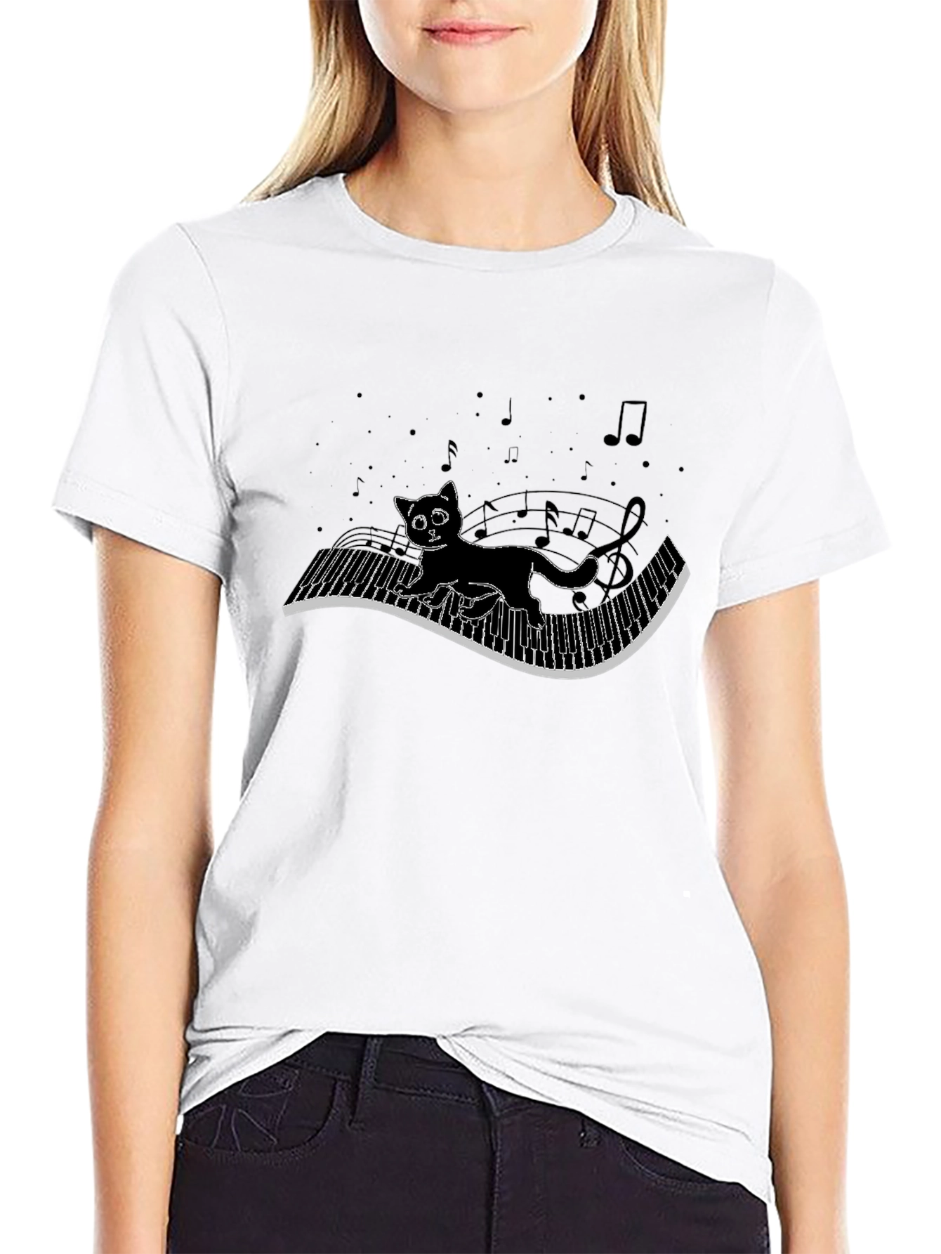 Cat on Piano Keys T-Shirt - Musical Kitten Tee