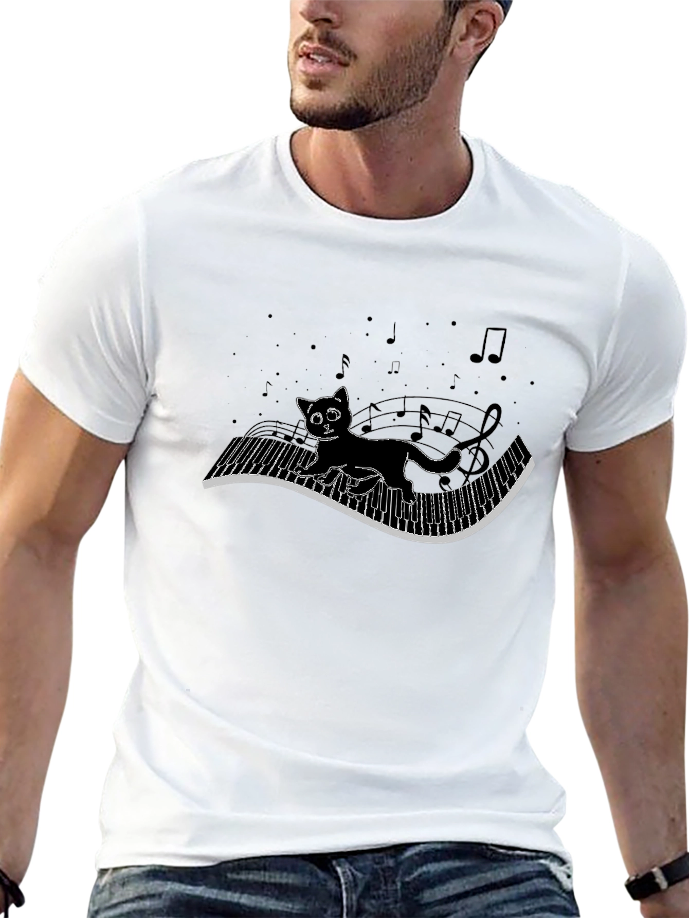 Cat on Piano Keys T-Shirt - Musical Kitten Tee