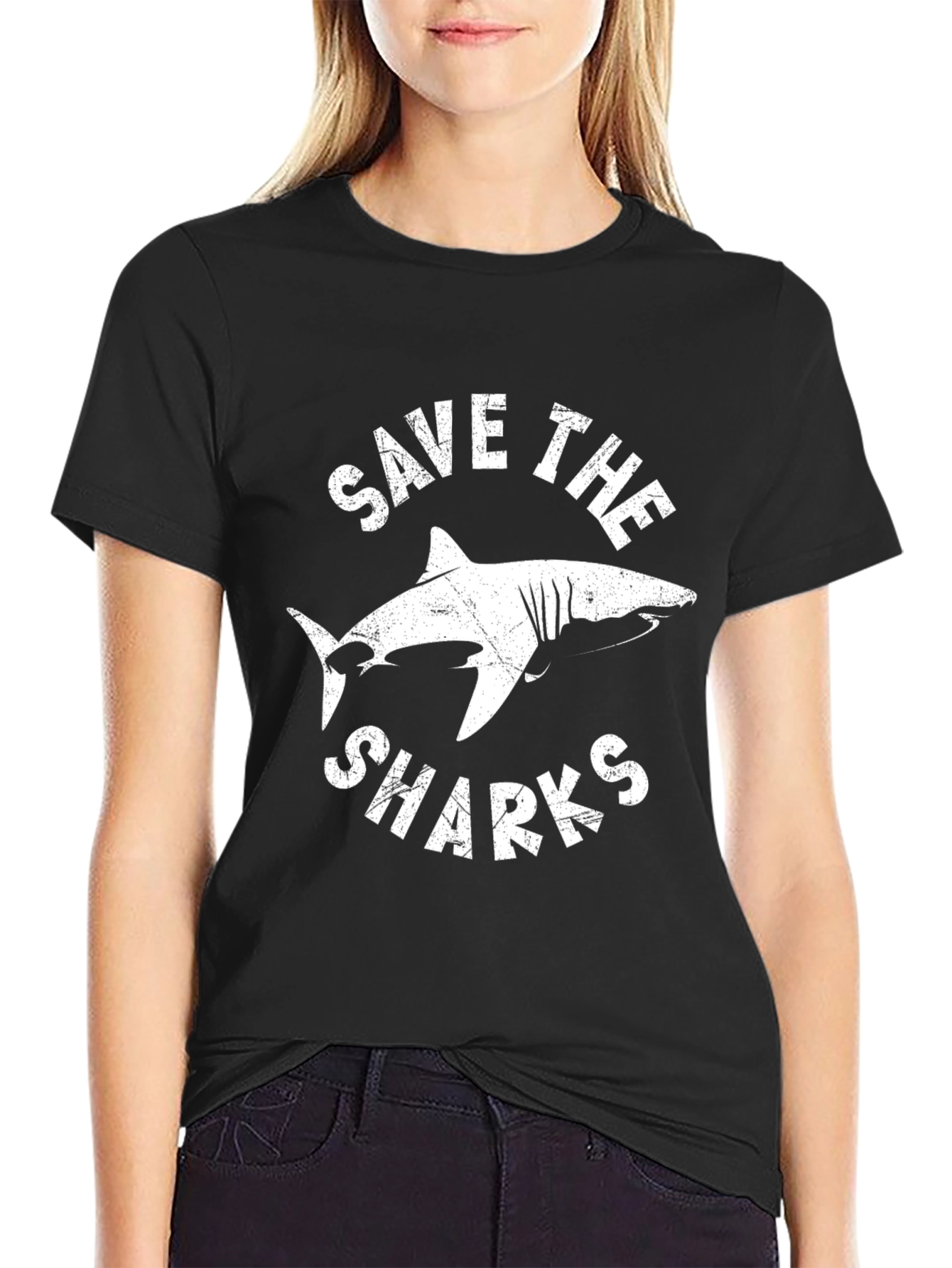 Save the Sharks Graphic Tee - Black Cotton T-Shirt