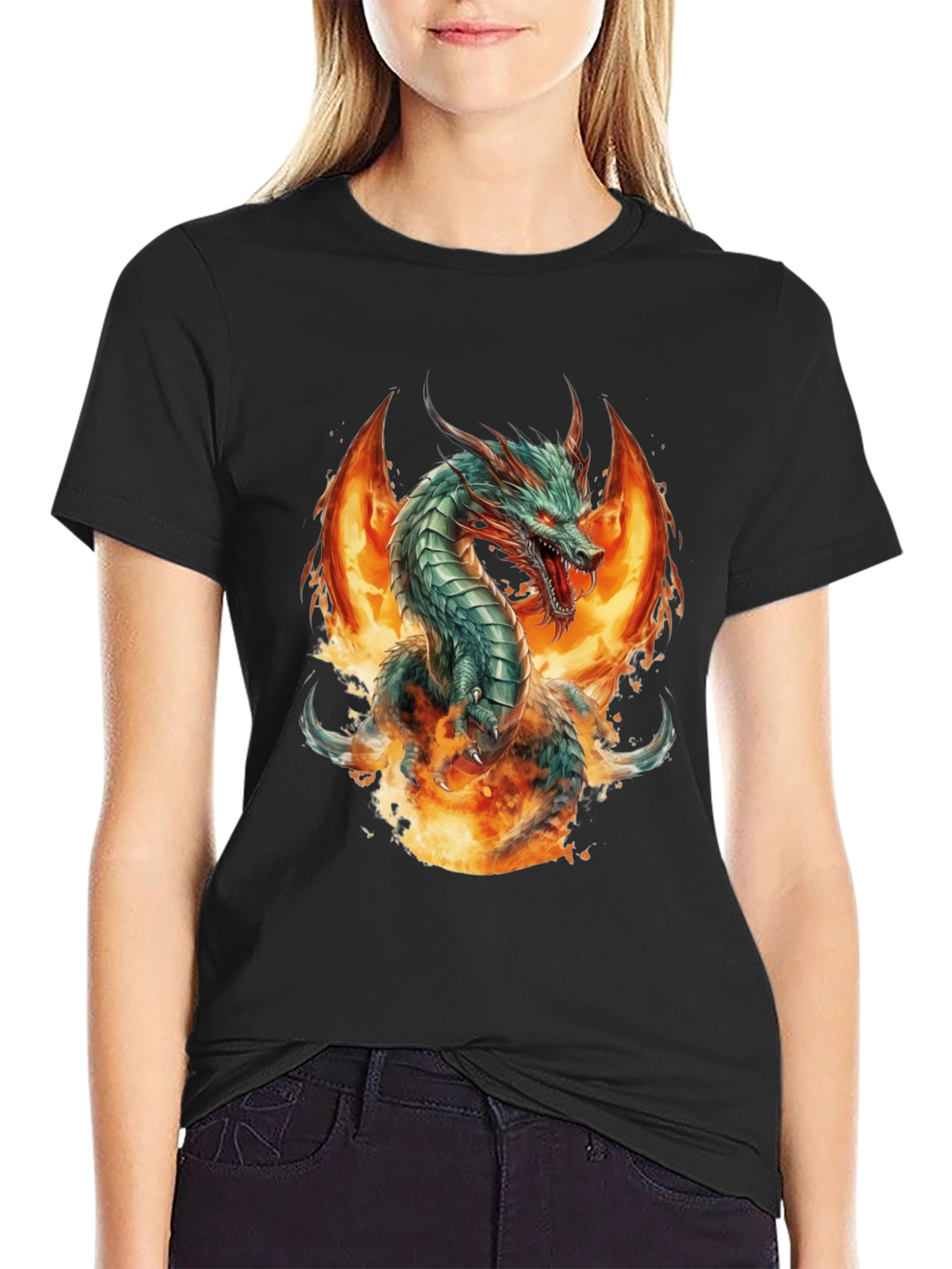 Fiery Dragon Graphic Tee - Bold Black Cotton Shirt