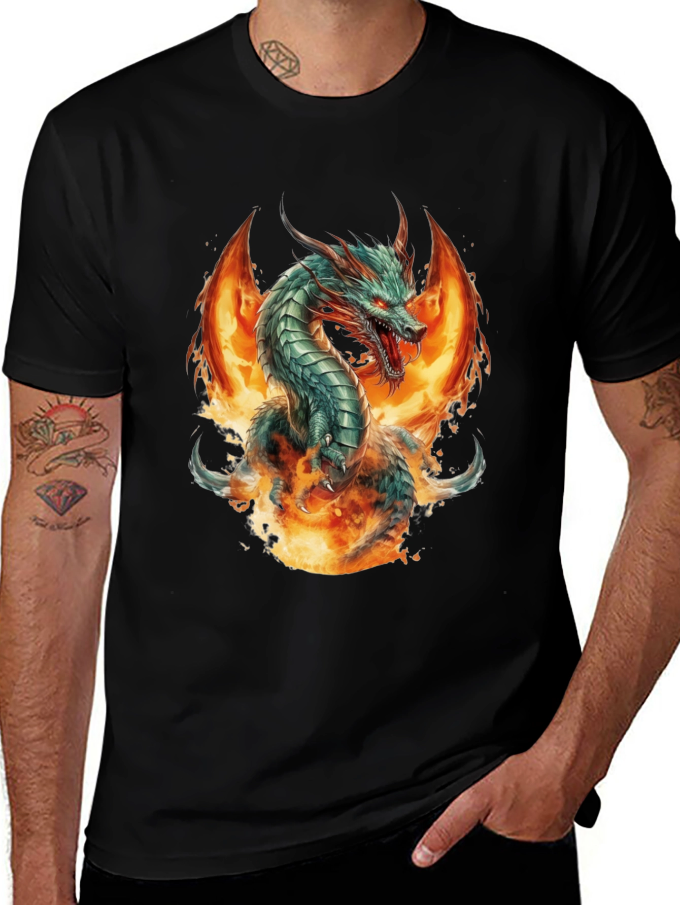 Fiery Dragon Graphic Tee - Bold Black Cotton Shirt