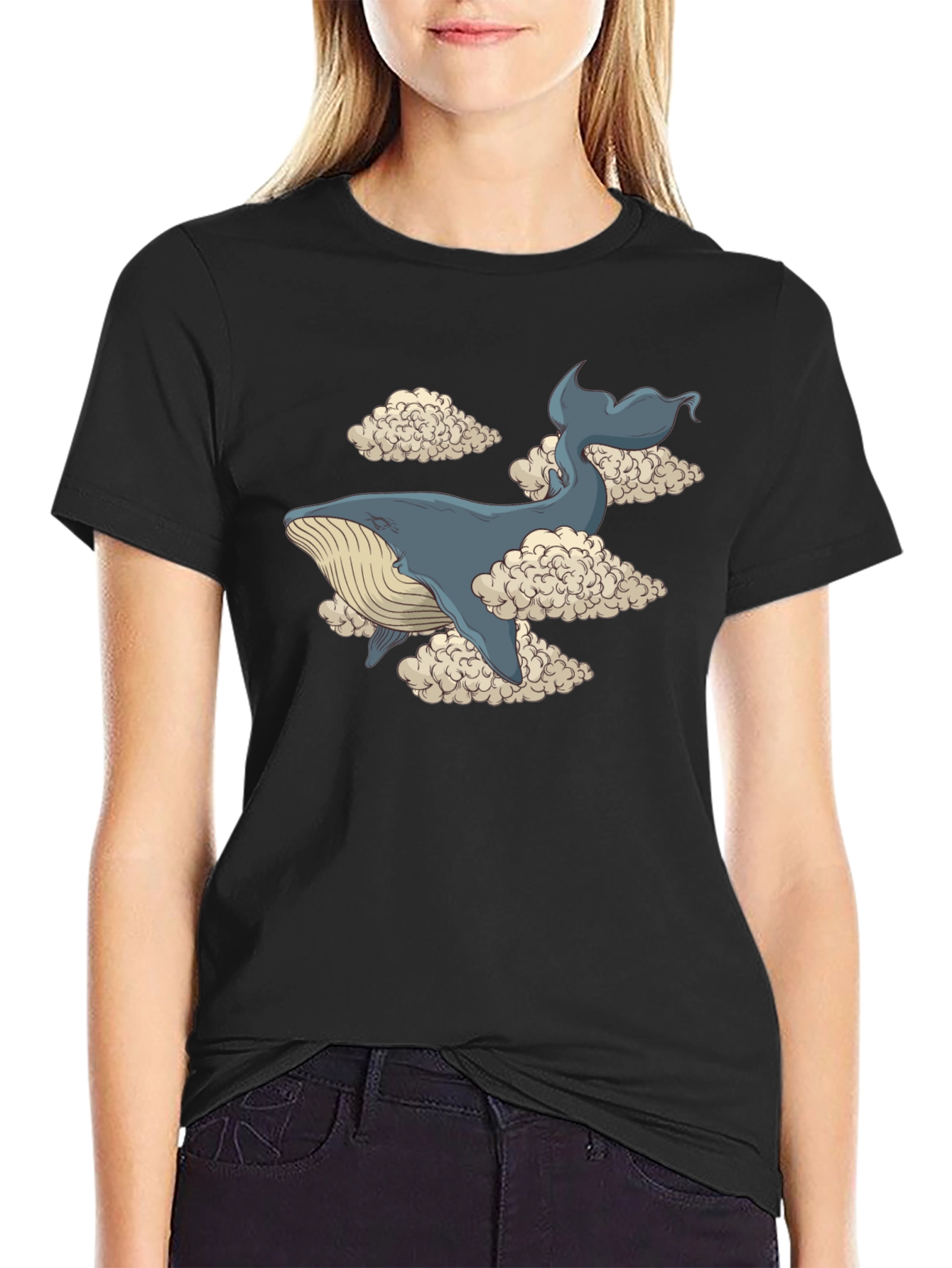 Whale in Clouds Graphic Tee - Black Cotton T-Shirt