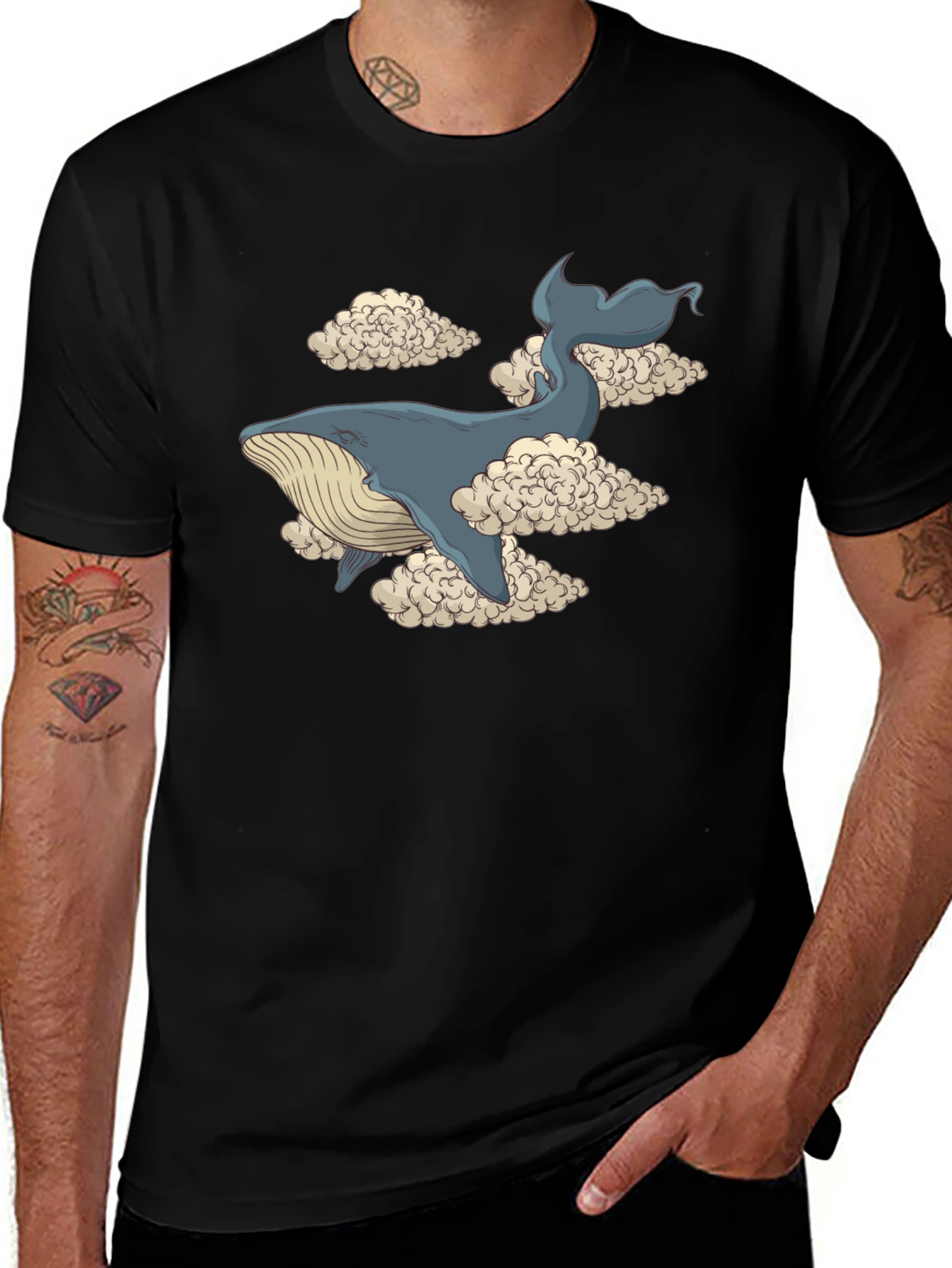 Whale in Clouds Graphic Tee - Black Cotton T-Shirt
