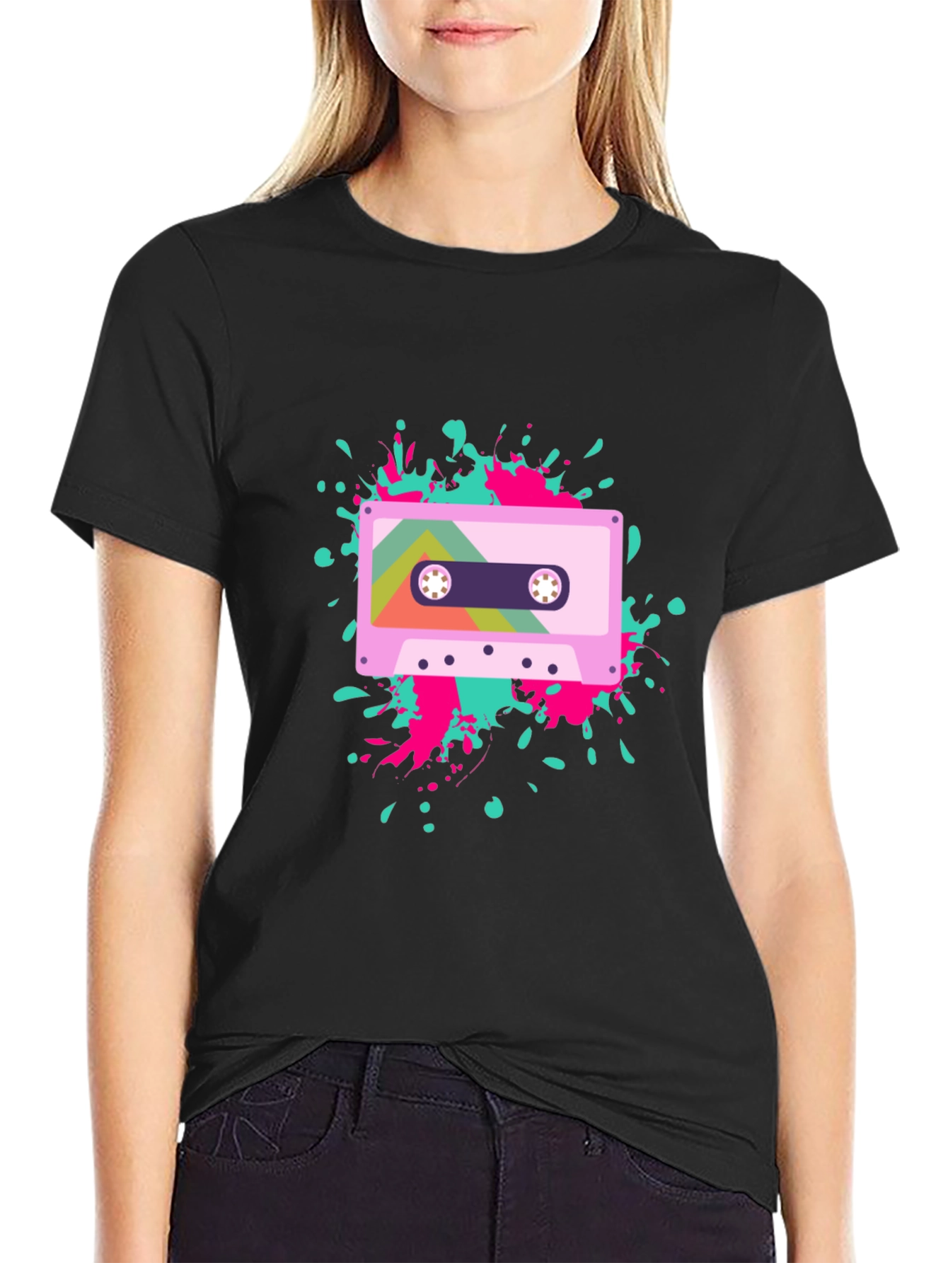 Retro Cassette Tape Graphic Tee - Black Cotton Blend