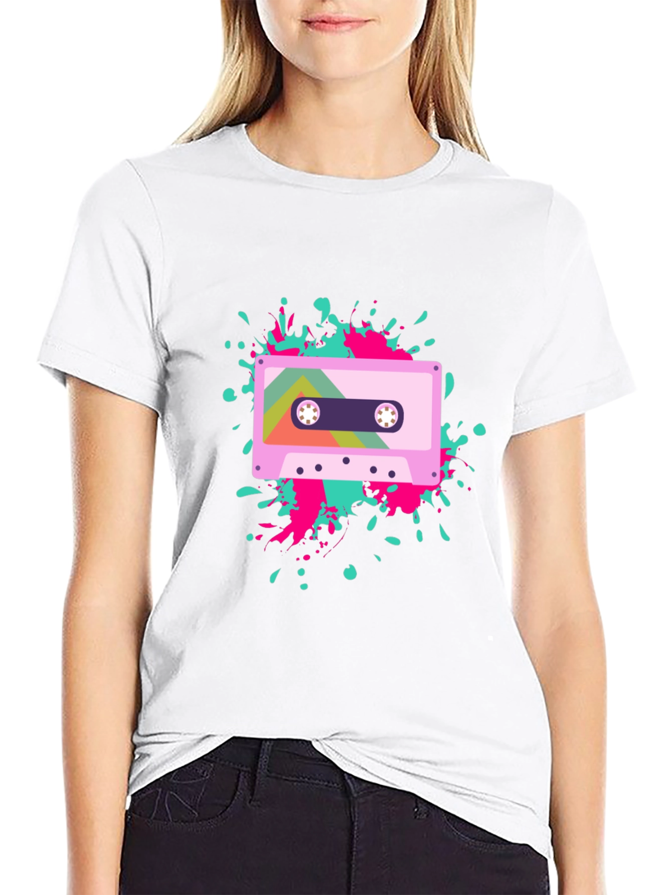Retro Cassette Tape Graphic Tee - Black Cotton Blend