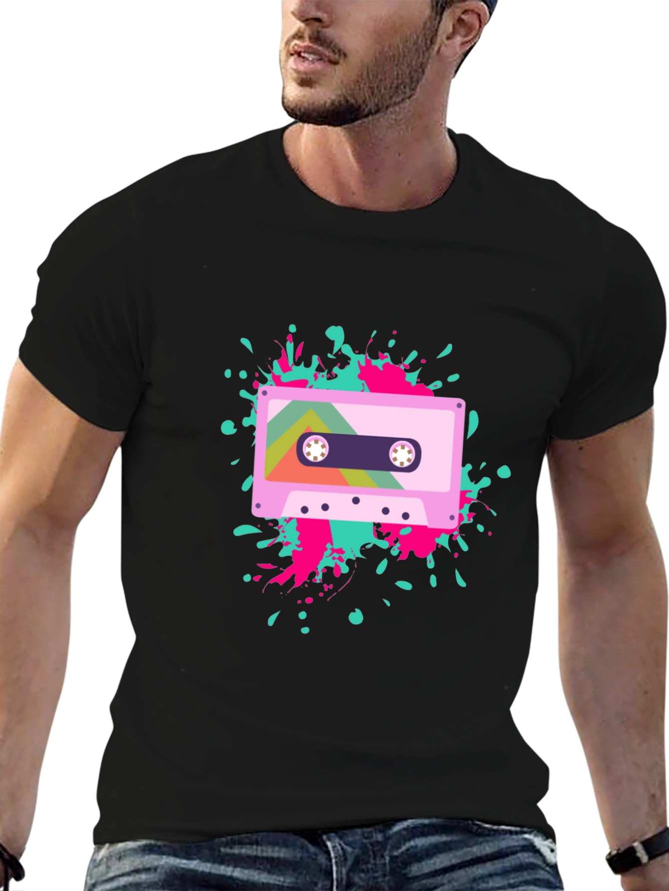Retro Cassette Tape Graphic Tee - Black Cotton Blend