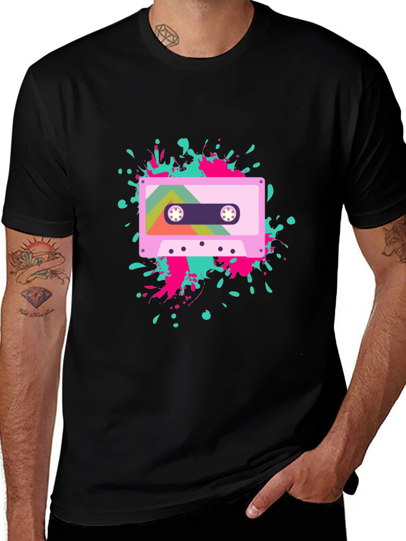 Retro Cassette Tape Graphic Tee - Black Cotton Blend