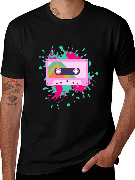 Retro Cassette Tape Graphic Tee - Black Cotton Blend