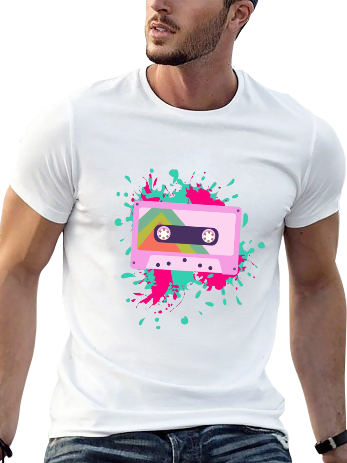 Retro Cassette Tape Graphic Tee - Black Cotton Blend