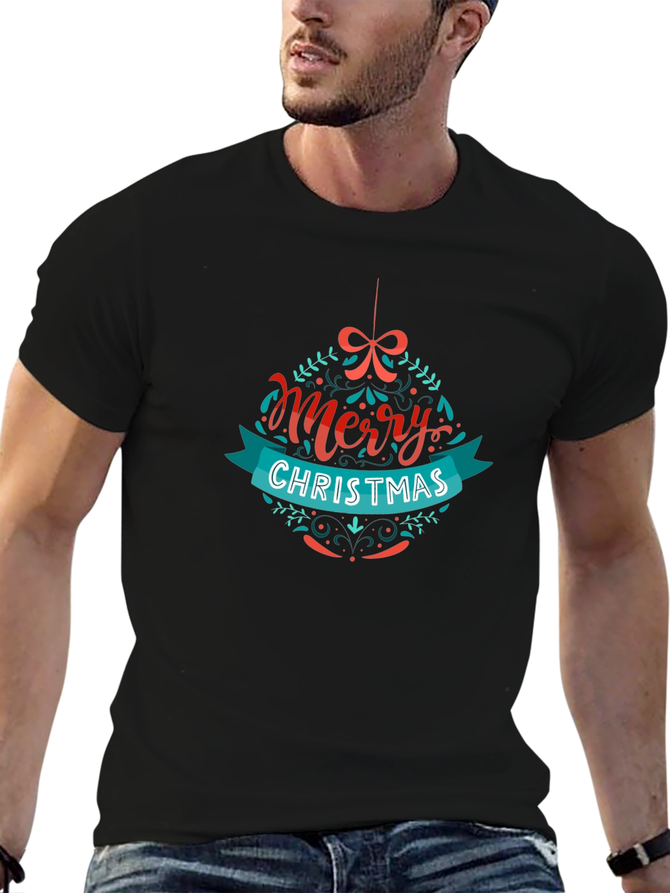 Merry Christmas Ornament Graphic Black T-Shirt