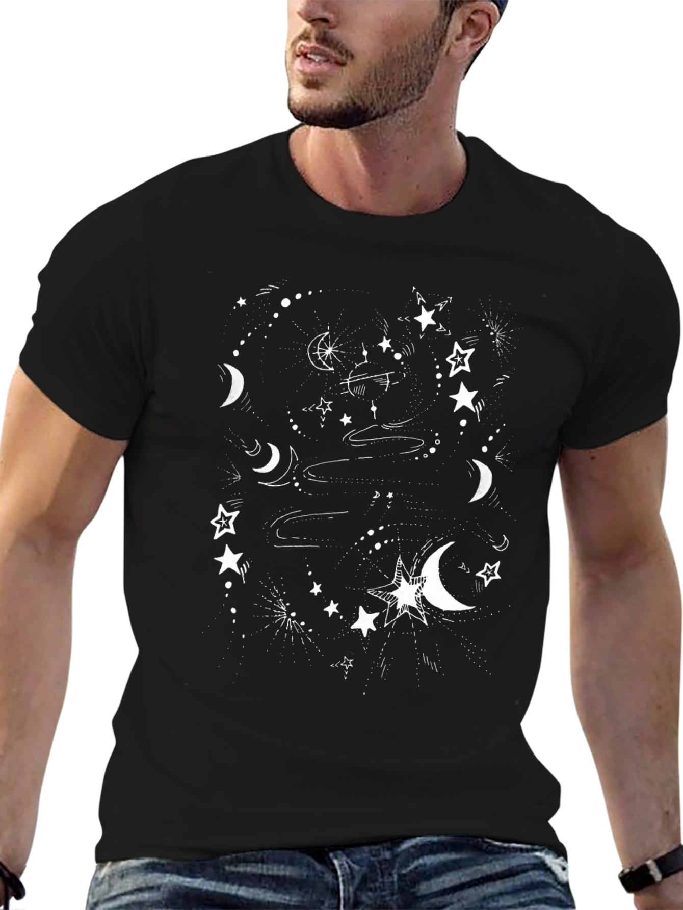 Celestial Star & Moon Graphic T-Shirt - Black