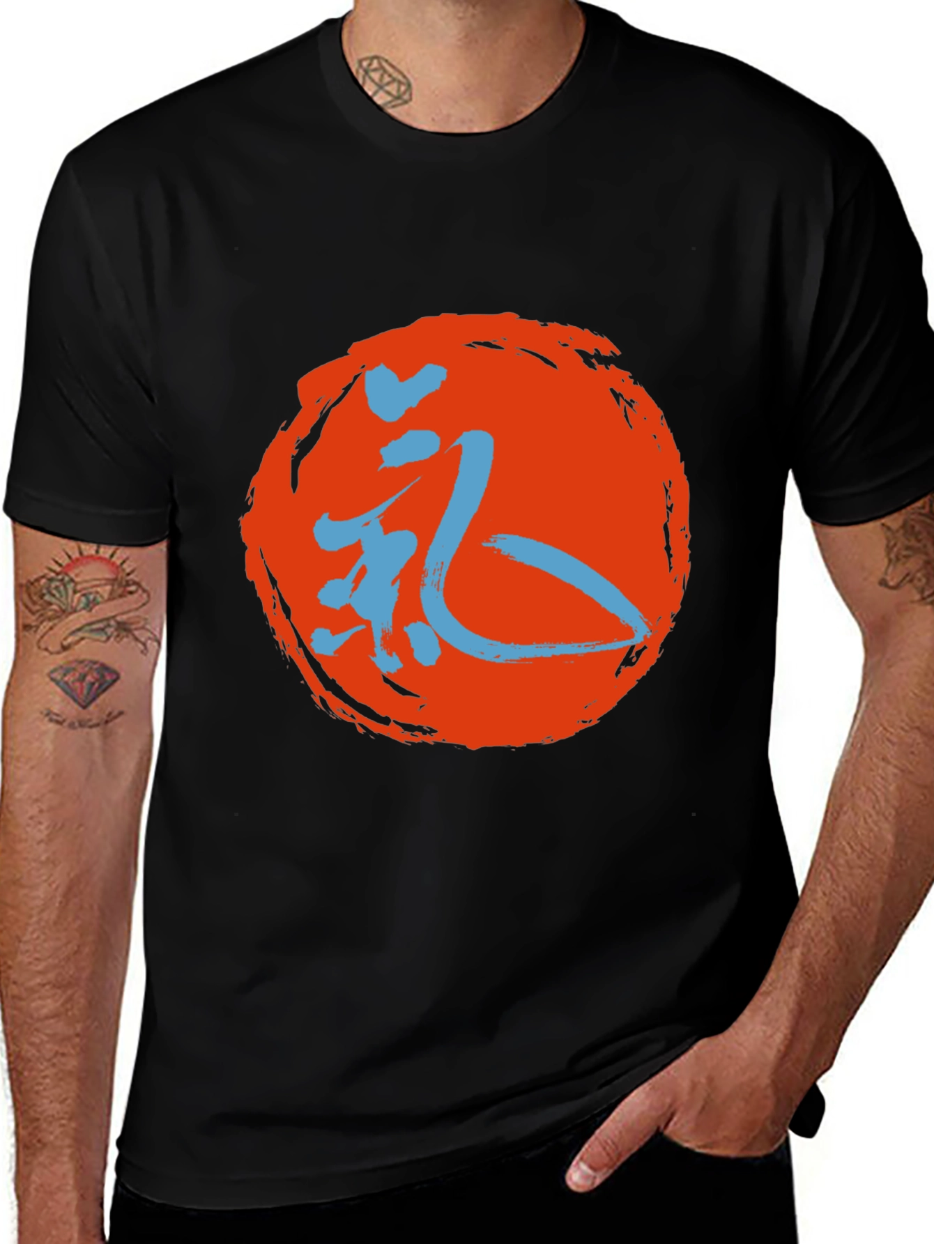 Mens Black T-Shirt with Japanese Symbol Design