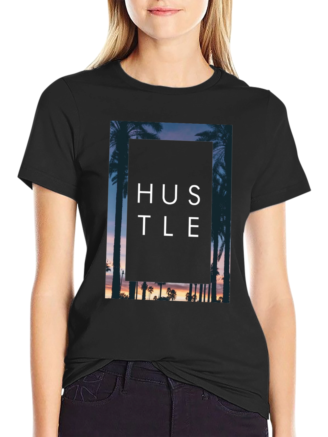 Hustle Palm Tree Graphic Black T-Shirt