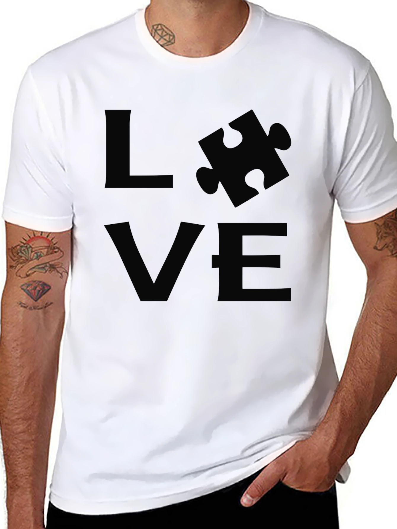 Love Puzzle Piece Graphic Tee - Black Cotton T-Shirt