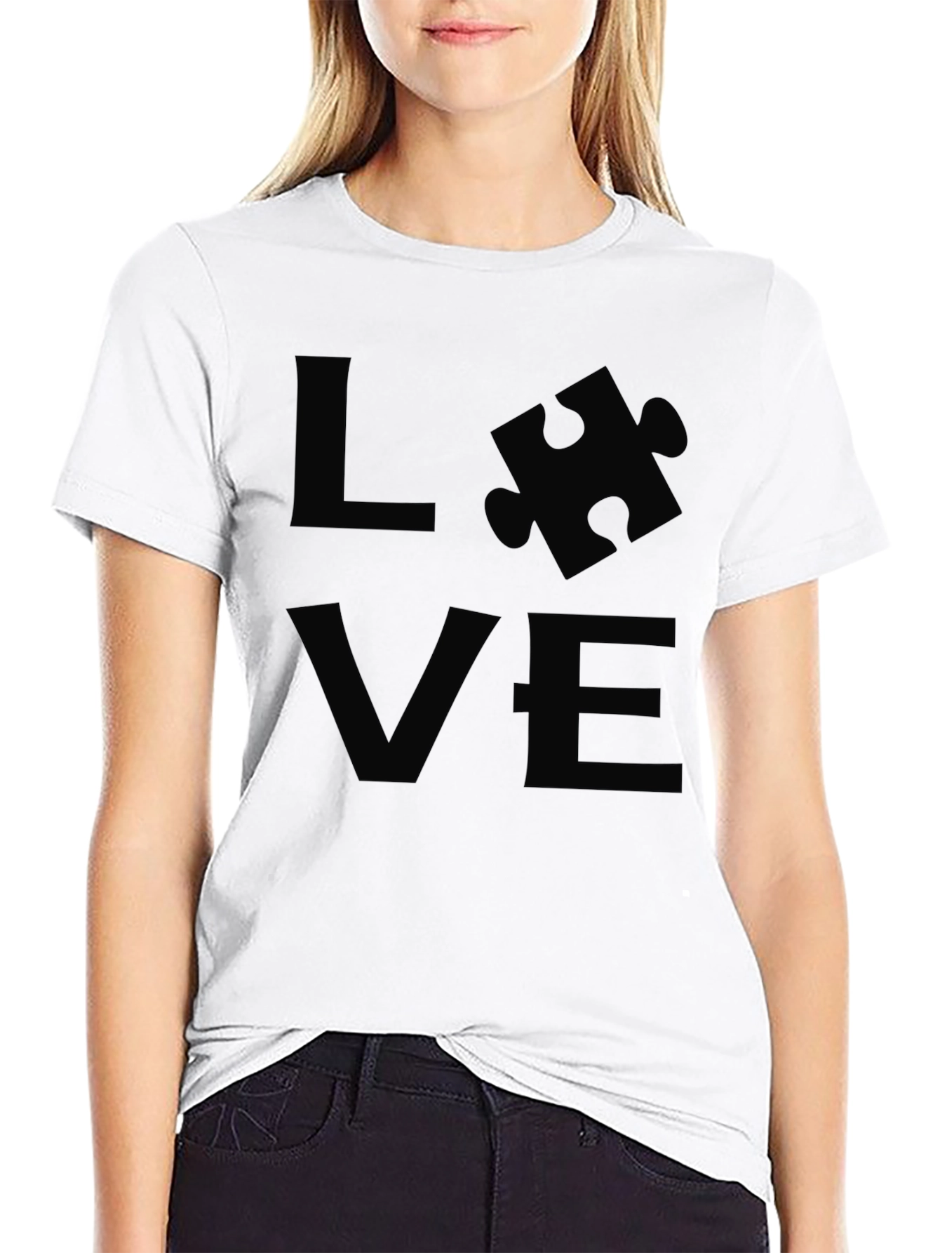 Love Puzzle Piece Graphic Tee - Black Cotton T-Shirt