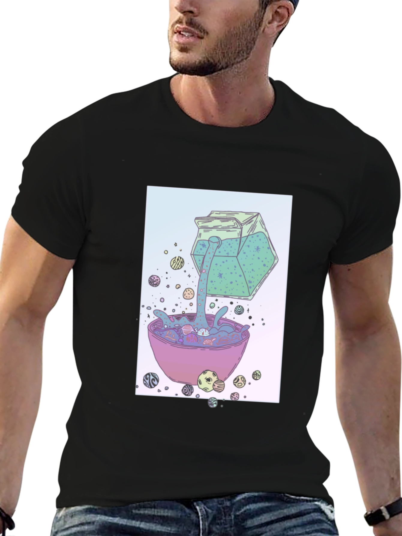 Surreal Cereal Cartoon Graphic Print Black T-Shirt