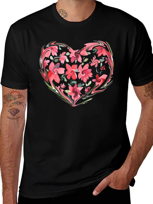 Floral Heart Graphic Tee - Stylish Mens Black T-Shirt