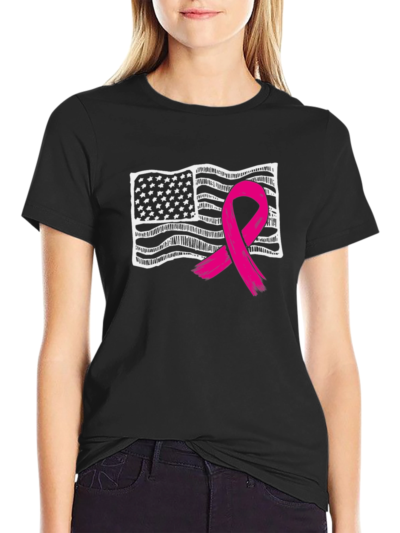 Breast Cancer Awareness American Flag T-Shirt