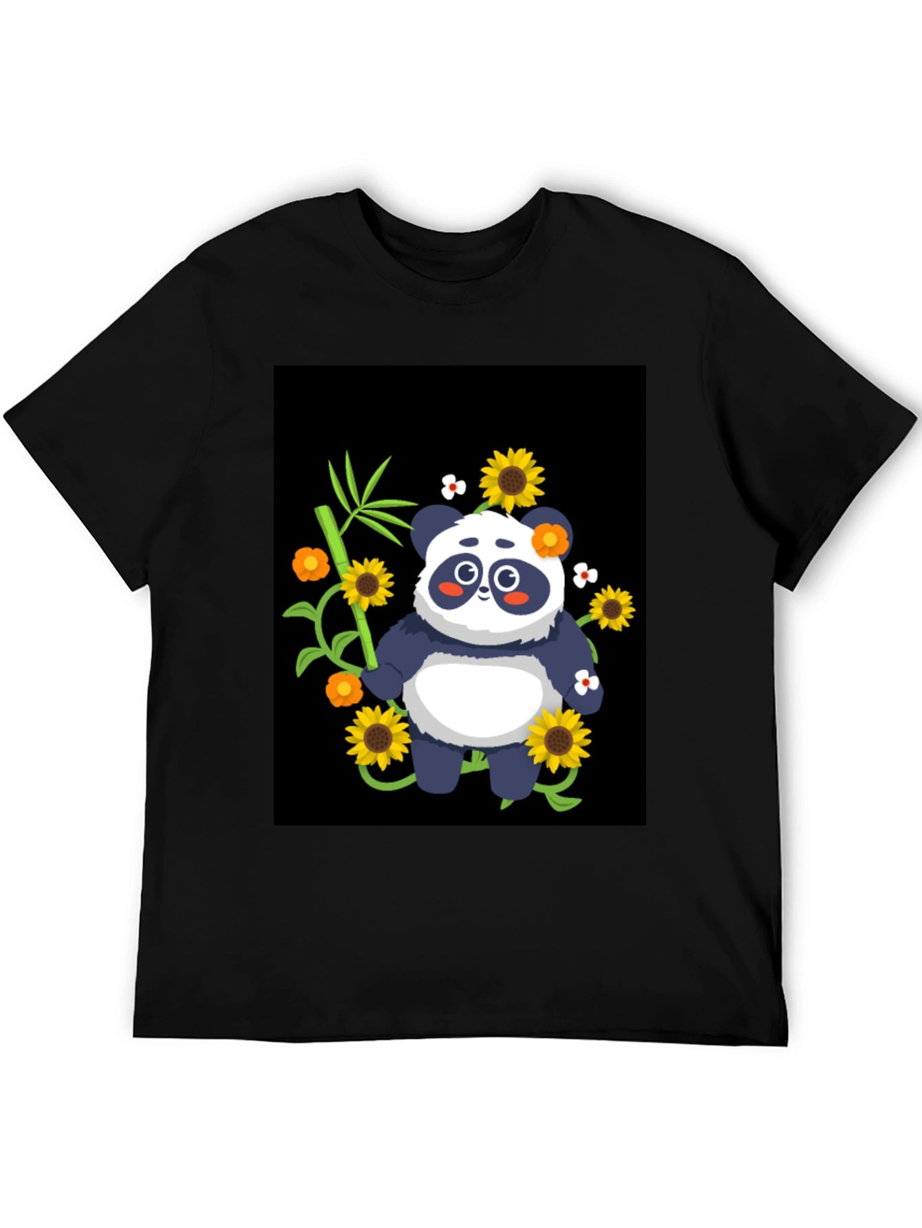 Panda & Sunflower Graphic Black T-Shirt