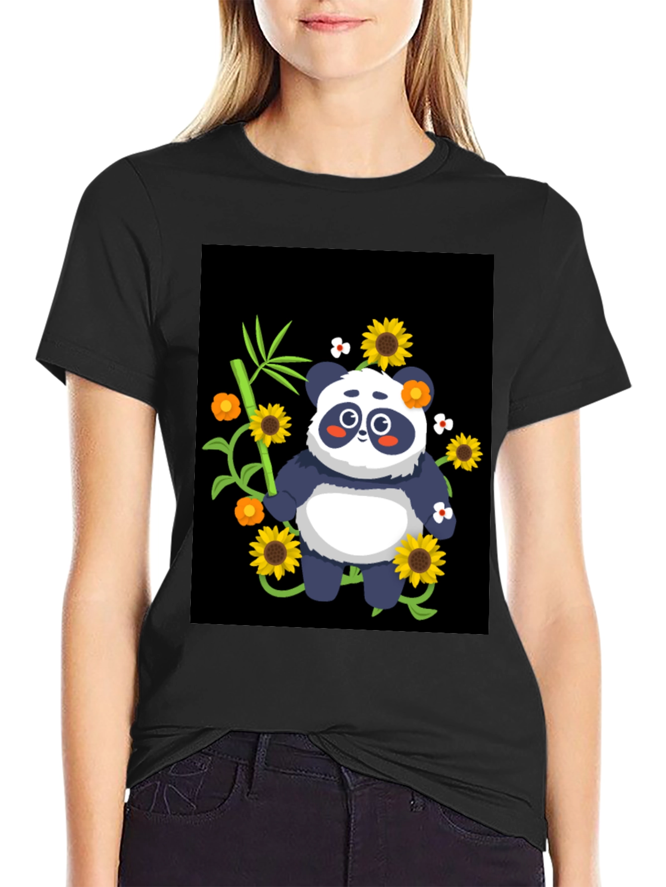 Panda & Sunflower Graphic Black T-Shirt