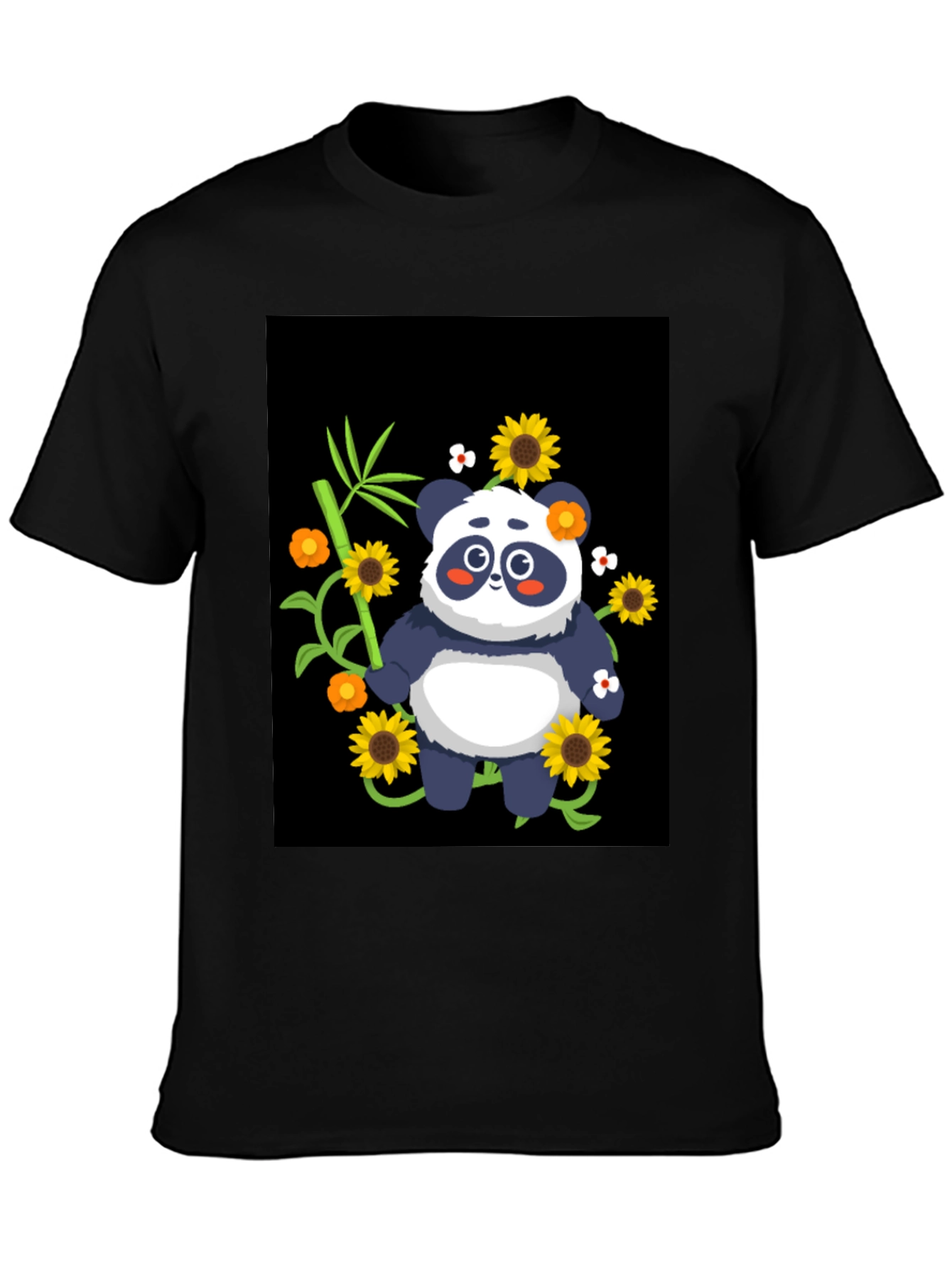 Panda & Sunflower Graphic Black T-Shirt